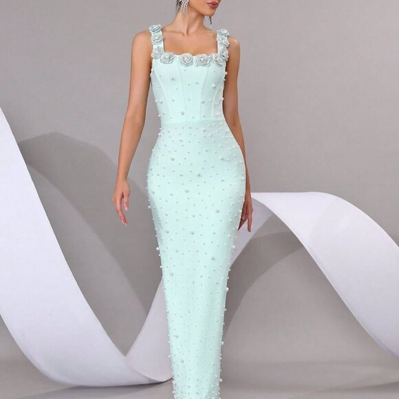 Baby Blue Elegant Women's Pearl Sparkling Maxi Dress - Picture 5 of 8